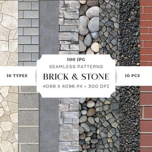 Brick & Stone Grain Texture Seamless Patterns, 100 JPG, Professional Rock Architecture, Concrete, Gravel, Digital Paper, 3D, Commercial Use