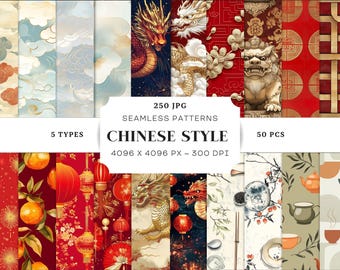 May include: A set of 50 digital paper patterns in Chinese style. The patterns feature red, gold, and white colors with various designs including dragons, clouds, lanterns, and flowers. The patterns are seamless and measure 4096 x 4096 pixels at 300 DPI.