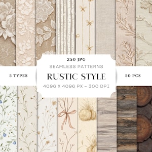 Może przedstawiać: Kolekcja 250 bezszwowych wzorów JPG w stylu rustykalnym. Wzory obejmują kwiatowe, drewniane i lniane tekstury w neutralnych odcieniach. Obraz zawiera tekst "RUSTIC STYLE", "5 TYPES" i "50 PCS".
