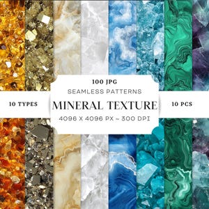 Puede incluir: 100 patrones de papel digital sin costuras que presentan diversas texturas minerales. Los patrones incluyen colores rojo, naranja, dorado, blanco, azul, verde y morado. Cada patrón tiene 4096 x 4096 píxeles y 300 DPI.