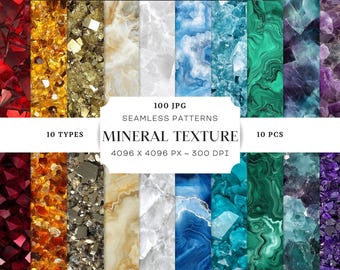 May include: 100 seamless digital paper patterns featuring various mineral textures. The patterns include red, orange, gold, white, blue, green, and purple colors. Each pattern is 4096 x 4096 pixels and 300 DPI.
