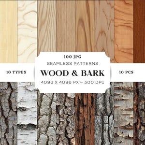 Wood & Bark Grain Texture Seamless Patterns, 100 JPG, Ash, Cedar, Cherry, Walnut, Pine, Birch, Mahogany, Digital Paper, 3D, Commercial Use