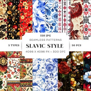 Slavic Folk Style Seamless Patterns, 150 JPG, Eastern European, Ethnic Folklore Handmade Digital Paper, Floral, Printable, Commercial Use