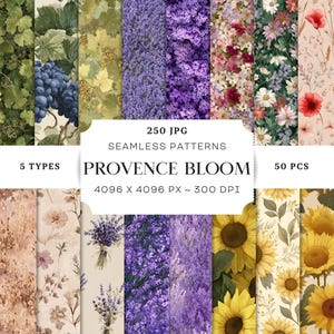 Könnte beinhalten: Eine Sammlung von 250 nahtlosen Mustern mit floralen und botanischen Designs. Die Muster zeigen Trauben, Blätter, Lavendel, Sonnenblumen und andere Blumen in verschiedenen Farben. Der Text "PROVENCE BLOOM" ist zu sehen.