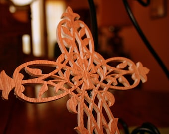 Intricate Hand Crafted Wooden Cross with Floral Design