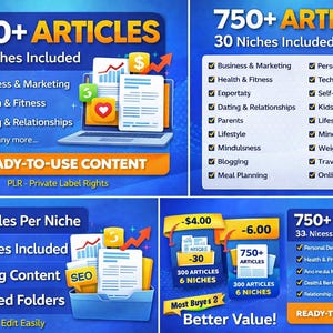 Könnte beinhalten: Werbegrafik mit dem Text "750+ ARTIKEL" und "30 Niches Included". Das Bild zeigt einen Laptop, Diagramme und Dokumente, mit Häkchen neben Themen wie Business & Marketing und Health & Fitness. Der Text "READY-TO-USE CONTENT" ist ebenfalls enthalten.