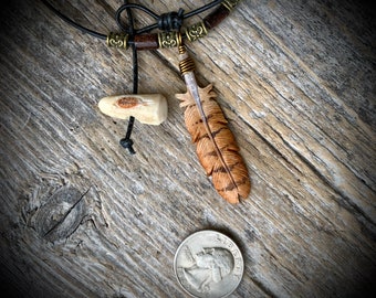 Necklace Red Tail Hawk Feather Deer Antler Carved