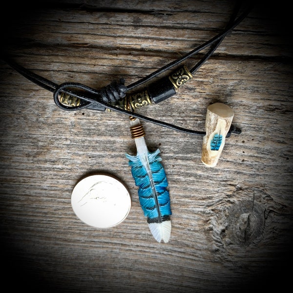 Blue Jay Feather Necklace Whitetail Deer Antler Hand Carved  FREE SHIPPING