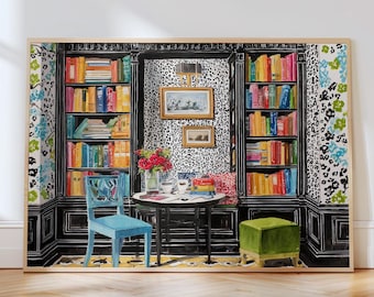 Bookshelf Oil Painting Print Wall Art, Cozy Library Reading Corner Teacup Flowers Chair Art Print, Book Lovers Home Decor Vintage Style Art