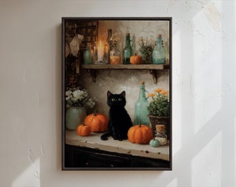 May include: A framed painting depicts a black cat with green eyes, sitting among pumpkins and bottles. The scene includes a shelf with candles, flowers, and more bottles. The color palette is warm, with orange, green, and beige tones, evoking a cozy autumn atmosphere.