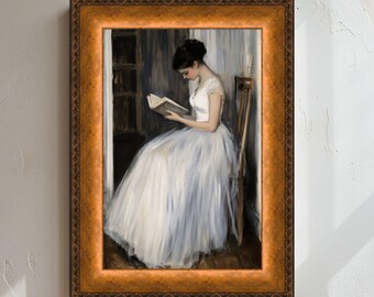 Woman Reading Oil Painting Print | Eclectic Vintage Home Decor | Moody Antique Portrait Printable Wall Art | Elegant Victorian Art Print