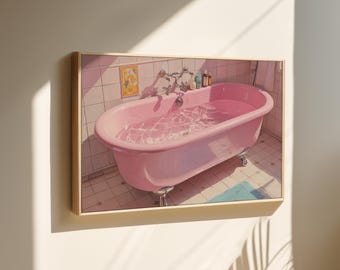Pink Bathtub Painting Print | Vintage Bathroom Decor | Shabby Chic Bathroom Wall Art | Pastel Bathroom Poster | Bathroom Aesthetic Print