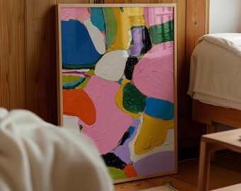 May include: A rectangular framed painting featuring an abstract composition of thick, textured paint strokes in vibrant shades of pink, blue, yellow, green, orange, white, and black. The artwork is enclosed in a light-toned wooden frame.