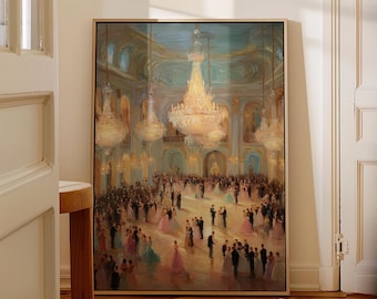 Elegant Ballroom Dance Painting Print, Vintage Evening Gown Wall Art, Glamorous Chandelier Party Scene Painting, Romantic Oil Style Artwork