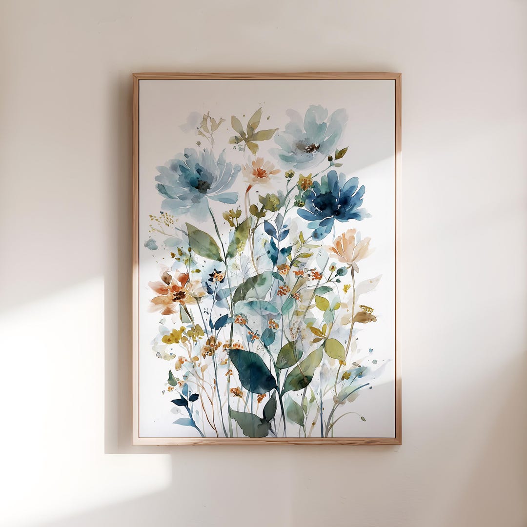 Abstract Floral Watercolor Wall Art Print, Loose Flower Painting, Navy ...