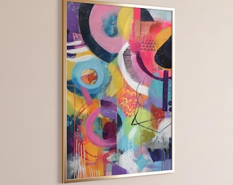 May include: A rectangular framed wall art piece featuring an abstract composition of vibrant colors including hot pink, bright yellow, deep blue, and white. The design incorporates layered circular shapes, thin black lines, and textured paint strokes.