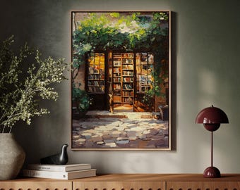 Cozy Bookstore Painting Print | Vintage Bookshop Wall Art | Sunny Library Wall Decor | Literary Art | Garden Bookshop Art | Book Lover Gift