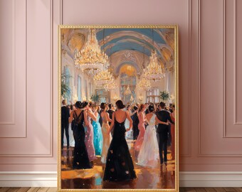 Elegant Ballroom Dance Painting Print, Vintage Evening Gown Wall Art, Glamorous Chandelier Party Scene Painting, Romantic Oil Style Artwork