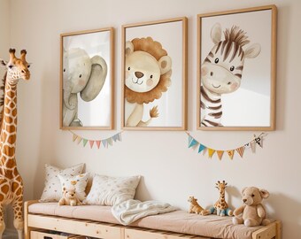 Set of 3 Safari Nursery Wall Art Print, Elephant Lion Zebra Art, Cute Animal Triptych, Baby Nursery Decor, Gender Neutral Kids Room Wall Art