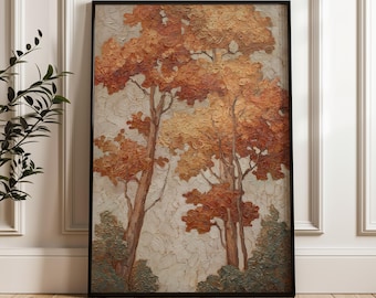 Autumn Tree Wall Art Print, Fall Landscape Painting, Rustic Nature Art, Cozy Fall Decor, Warm Toned Autumn Forest Painting for Living Room