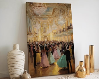 Elegant Ballroom Dance Painting Print, Vintage Evening Gown Wall Art, Glamorous Chandelier Party Scene Painting, Romantic Oil Style Artwork