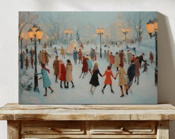 Winter Ice Skating Scene Art Print, Snowy Park Painting, Impressionist Winter Landscape Art, Cozy Holiday Home Decor, Christmas Gift Art