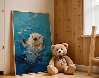 Cute Otter Painting Print, Sea Otter in Ocean, Coastal Animal Decor, Marine Life Wall Art, Nautical Ocean Wildlife Art for Beach House