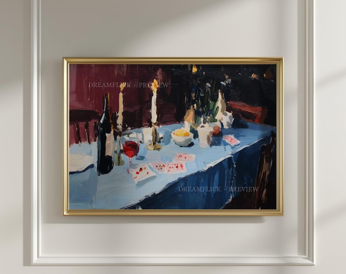 Featured listing image: Still Life Wine Painting Print, Dinner Table Art with Candles and Playing Cards, Colorful Modern Kitchen Decor, Whimsical Dining Room Art