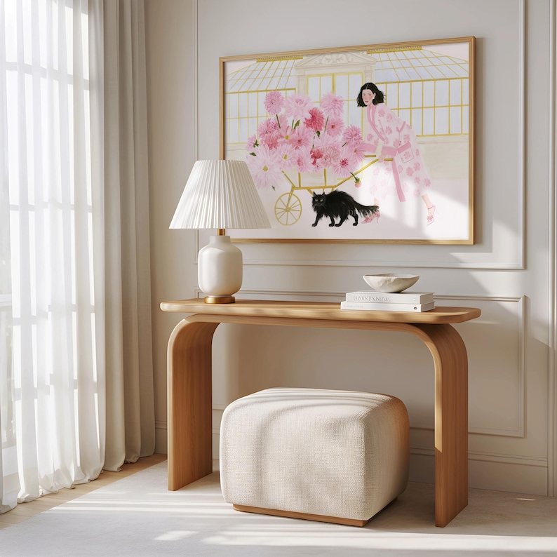 Pink Floral Wall Art Print, Woman With Flower Wheelbarrow and Black Cat ...