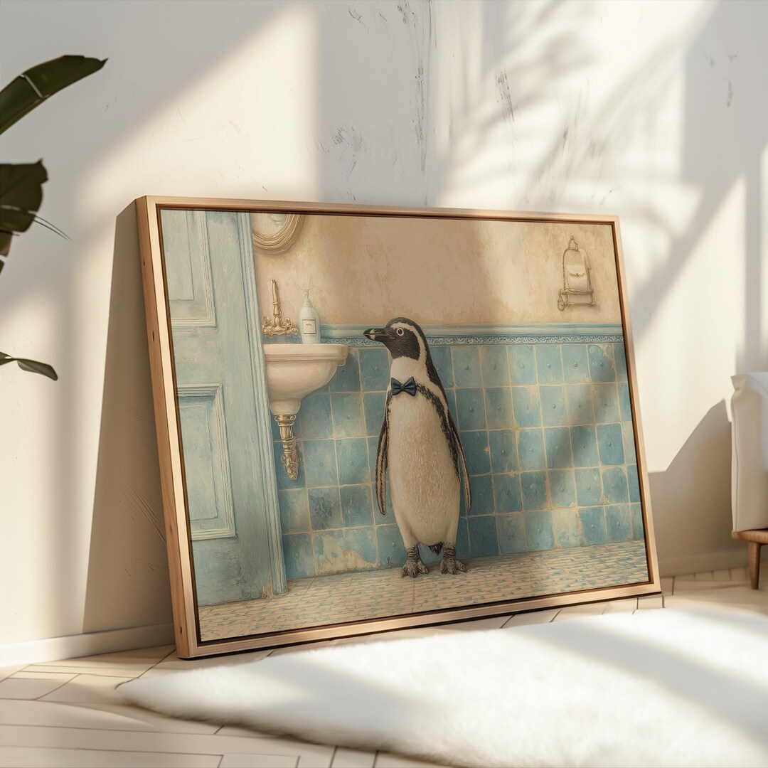 Penguin Bathroom Wall Art Print, Funny Penguin Painting, Whimsical ...