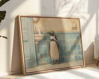 Penguin Bathroom Wall Art Print, Funny Penguin Painting, Whimsical Animal in Vintage Powder Room Art, Charming Bathroom Wall Decor