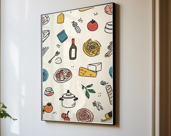 Cute Food Wall Art Print, Hand Drawn Style Kitchen Print with Wine, Cheese, Pasta, Tomato, Pizza and Dessert, Whimsical Italian Cuisine Art