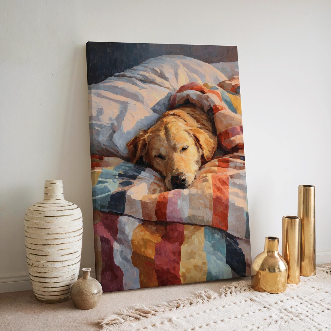 Golden Retriever Wall Art Print, Sleeping Dog Painting, Cozy Pet ...