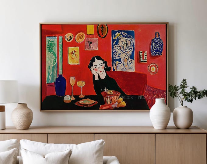 Featured listing image: The Red Art Print – Vintage Abstract Oil Painting Print, Mid Century Modern Wall Decor for Living Room or Gallery Display