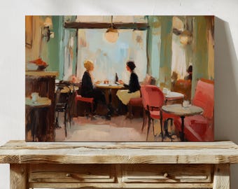 Women In Paris Cafe Wall Art Print, French Bistro Painting, Vintage Coffee Shop Art, Romantic Parisian Wall Decor For Dining Room Or Kitchen