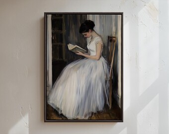 Woman Reading Oil Painting Print | Eclectic Vintage Home Decor | Moody Antique Portrait Printable Wall Art | Elegant Victorian Art Print