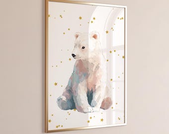 Cute Polar Bear Nursery Wall Art Print, Watercolor Gender Neutral Arctic Bear Wall Art, Whimsical Playroom Artwork, Modern Baby Shower Gift