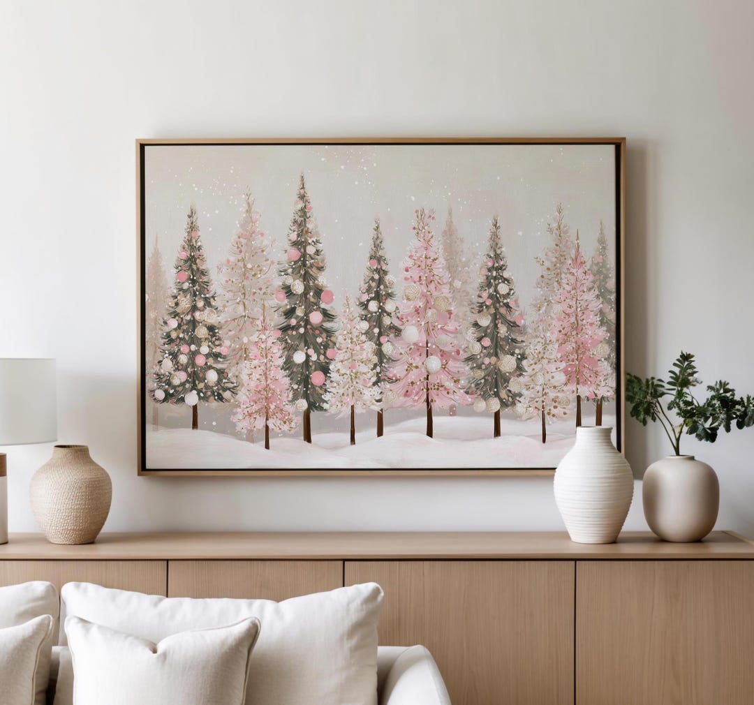 Pink Christmas Tree Wall Art Print, Winter Wonderland Snowy Forest ...