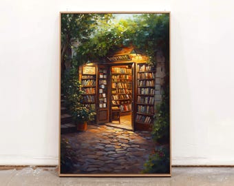 Cozy Bookstore Painting Print | Vintage Bookshop Wall Art | Sunny Library Wall Decor | Literary Art | Garden Bookshop Art | Book Lover Gift