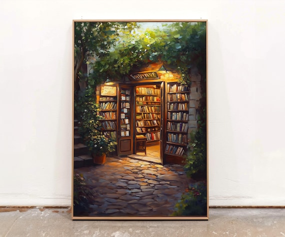 Cozy Bookstore Painting Print | Vintage Bookshop Wall Art | Sunny Library Wall Decor | Literary Art | Garden Bookshop Art | Book Lover Gift