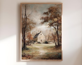 Autumn Cottage Wall Art Print, Vintage Country House Landscape Painting, Rustic Farmhouse Fall Decor, Cottagecore Countryside Wall Hanging
