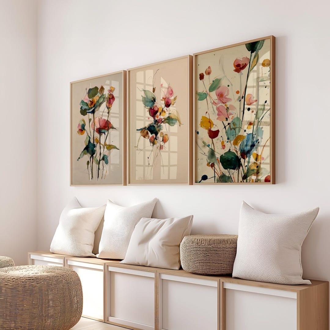 Set of 3 Abstract Floral Art Print, Modern Botanical Triptych ...