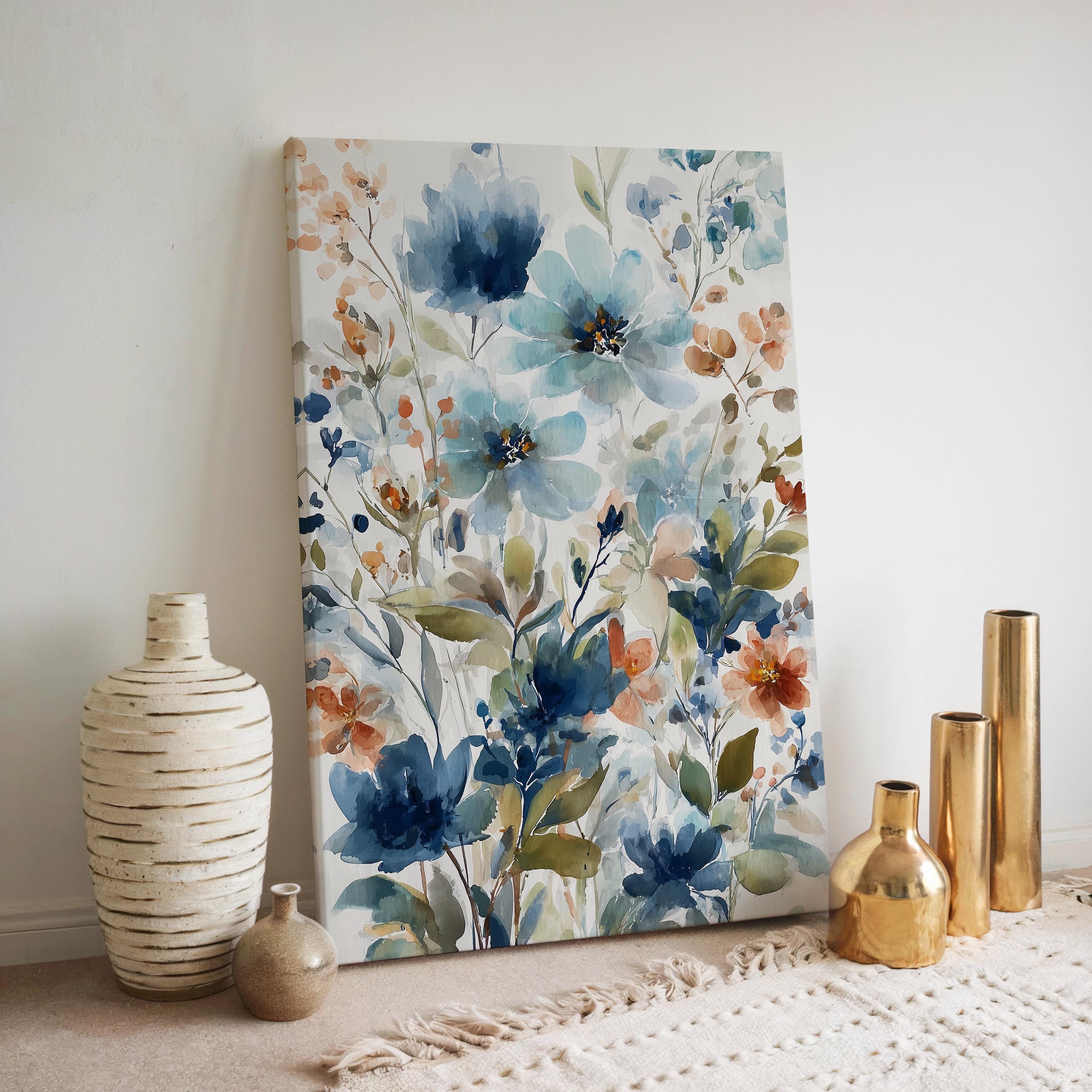 Abstract Floral Watercolor Wall Art Print, Loose Flower Painting, Navy ...