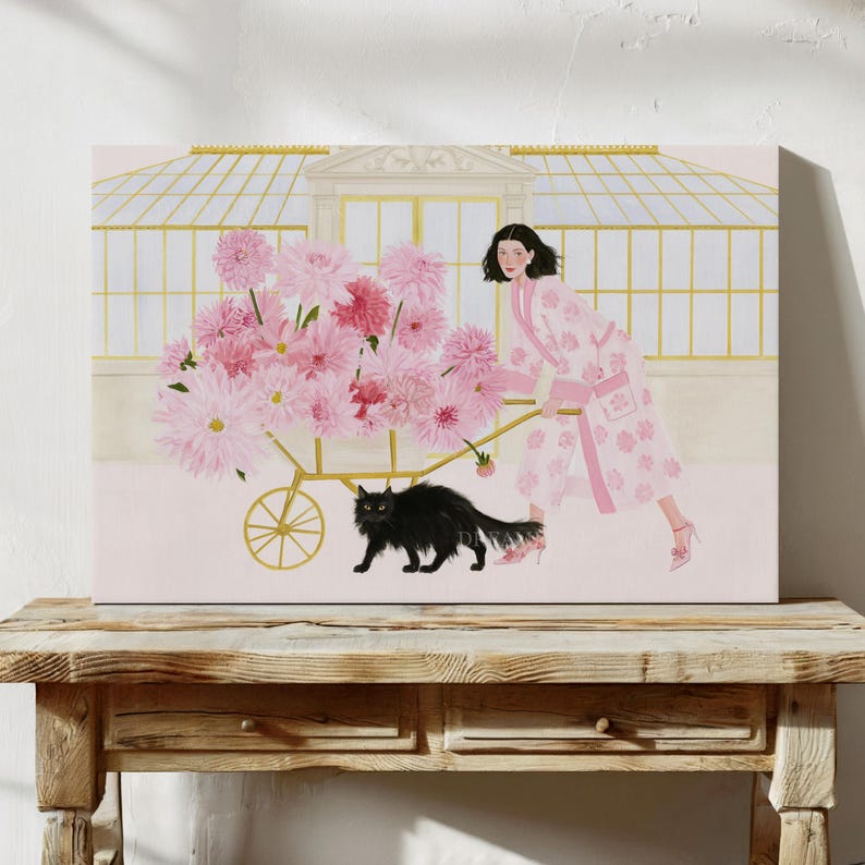 Pink Floral Wall Art Print, Woman With Flower Wheelbarrow and Black Cat ...