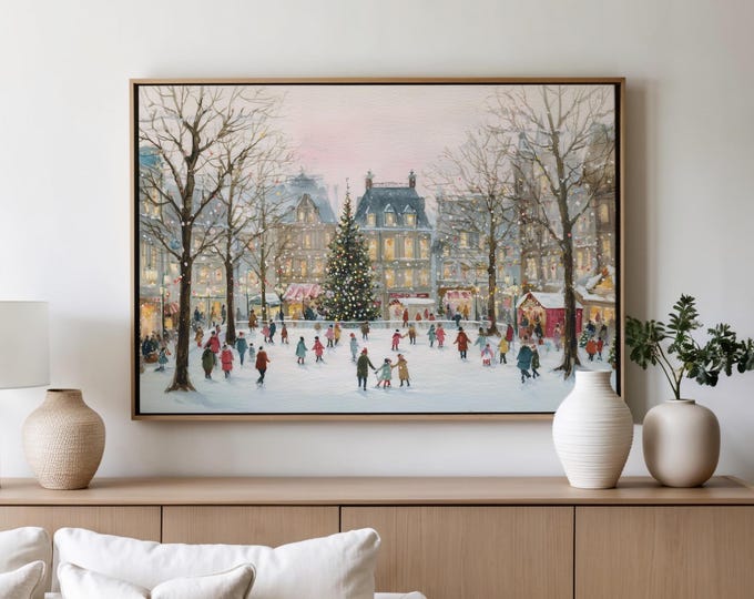 Featured listing image: Vintage Christmas Village Art Print, Winter Ice Skating Art, Cozy Holiday Town Art, Festive Snowy Landscape Art, Retro Christmas Home Decor
