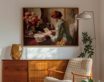 Vintage Letter Reading Painting Print, Elegant Woman Artwork, Cottagecore Feminine Wall Art, Romantic Wall Décor, French Chic Wall Art