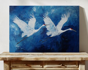 Crane Bird Painting Print Wall Art | Detailed Bird Decor | Blue Abstract Bird Canvas Art | Nature Painting for Living Room or Bedroom Decor