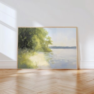 Lakeside Painting Print | Summer Landscape Wall Art | Bright Nature Art  | Peaceful Water Scene Art | Forest River Art | Riverside Scenery
