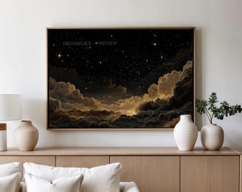 May include: A rectangular wall art print in a wooden frame featuring a night sky filled with stars above dense, dark clouds with golden-brown highlights. The text DREAMFLICK PREVIEW is visible in the upper and lower sections of the artwork.