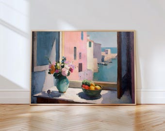 Coastal Painting Print Ocean Window View Art Lemon Still Life Painting Beach House Decor Summer Kitchen Print Mediterranean Floral Artwork